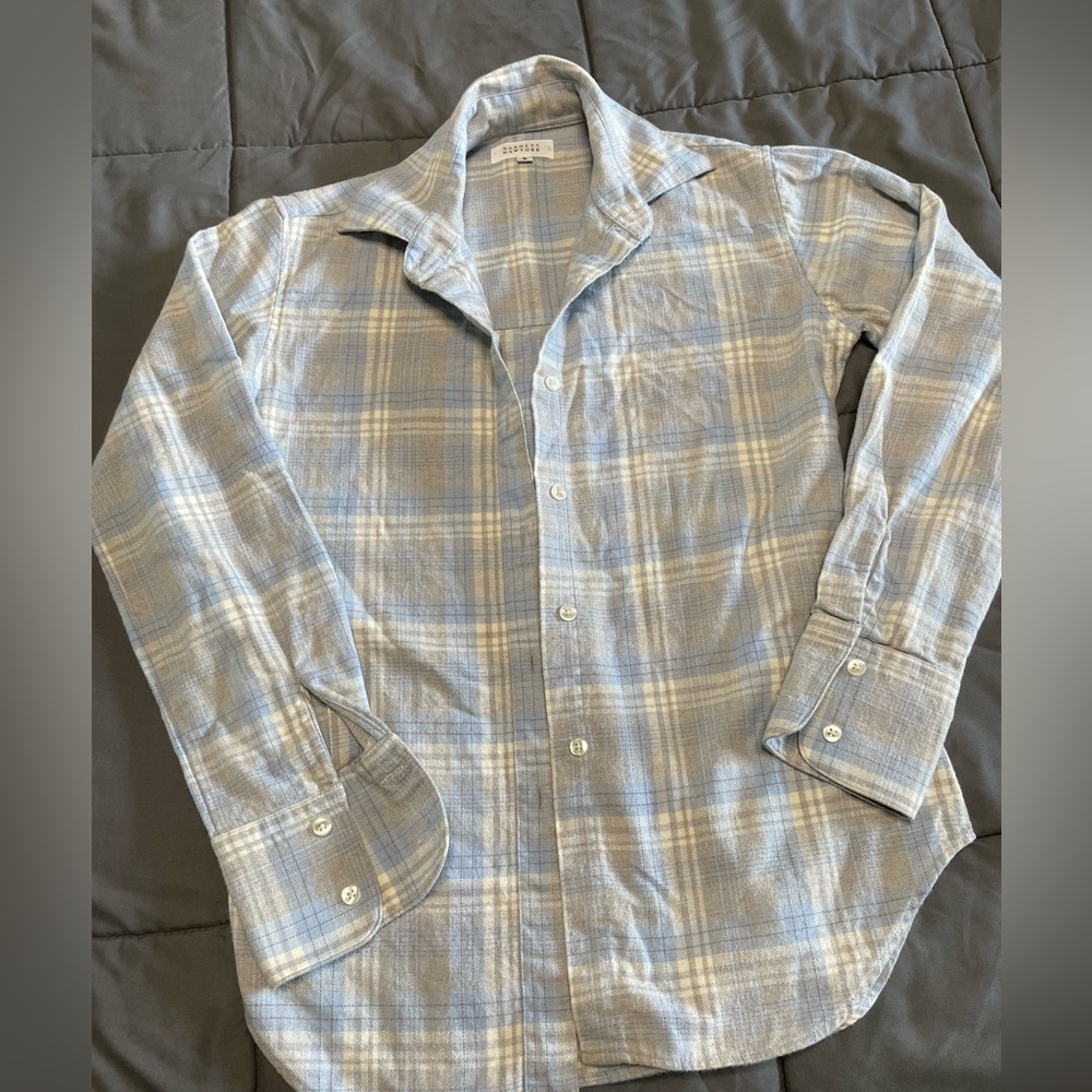Barneys New York Womens Cotton Plaid Button Down Shirt Light  Blue Size Small